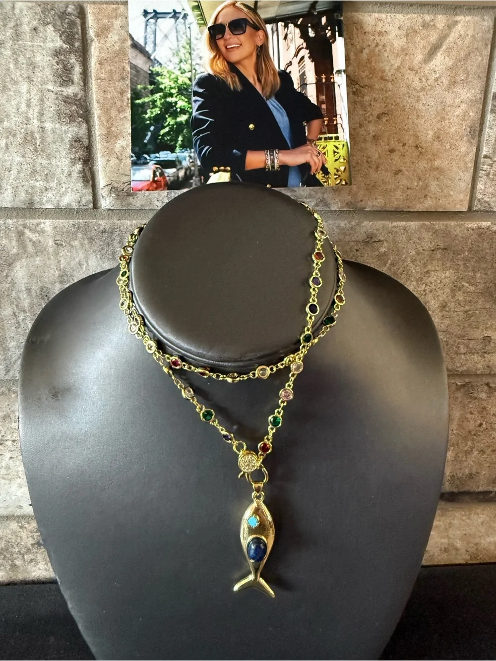 Freida Rothman Brass and Gold Multi Gem Fish Pendant Necklace